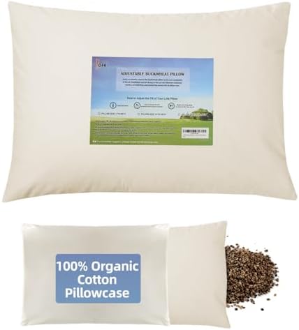 LOFE Organic Buckwheat Pillow for Sleeping with Organic Cotton Pillowcase - Kids/Travel Size 11''x16'' Adjustable Firm Pillow, Cervical Support for Back and Side Sleepers(Tartary Buckwheat Hulls)