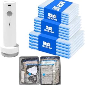 Vacuum Storage Bags for Travel - 15 Pack Compression Packing with Wireless Electric Pump for Luggage Vacuum Seal Bags for Clothes Space Saver Organizer for Moving Clothing Suitcase Travel