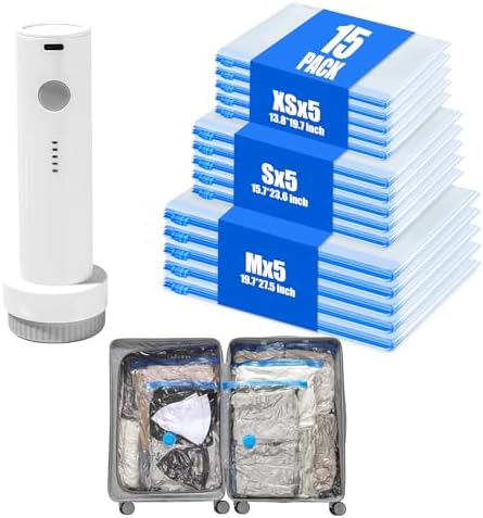 Vacuum Storage Bags for Travel - 15 Pack Compression Packing with Wireless Electric Pump for Luggage Vacuum Seal Bags for Clothes Space Saver Organizer for Moving Clothing Suitcase Travel