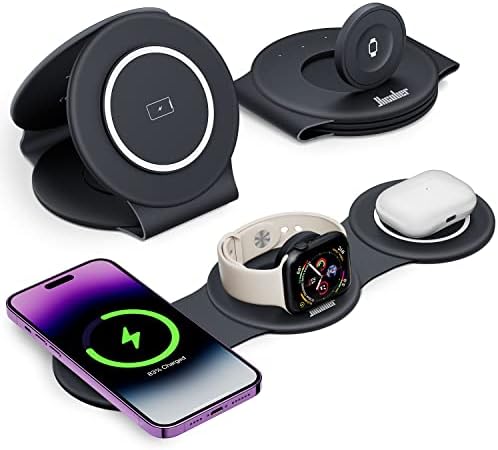 HICOBER 3 in 1 Charging Station for Multiple Apple Devices, Compatible with iPhone 17/16/15/14/13, Apple Watch & AirPods, Foldable Fast Wireless Charger & Travel Charger for Home/Office/Trips