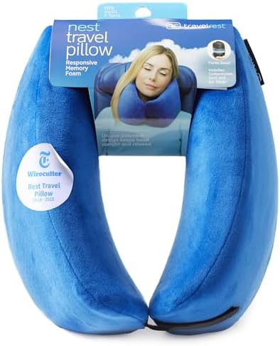 TRAVELREST Nest Neck Support Pillow - Travel Essentials, Memory Foam, Compact Travel Pillow for Long Flights, Plane Sleeping Accessories, Comfortable, Compact, Washable, Attaches to Luggage - Blue