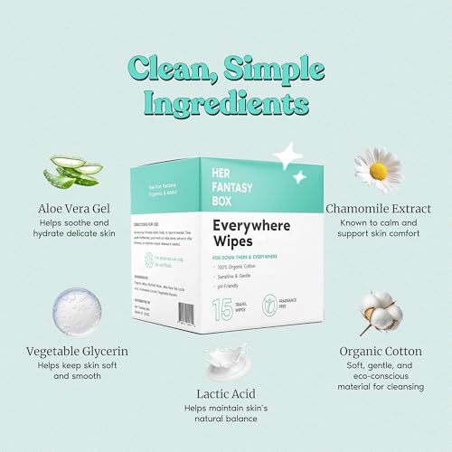 Her Fantasy Box | Everywhere Wipes – 100% Organic Cotton, Gentle & Refreshing, pH-Balanced, Fragrance-Free, Plant-Powered for Body, Face & Intimate Areas, Ideal for Sensitive Skin - 1 Pack, 15 Wipes - Image 4