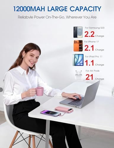 Portable Charger, 12000mAh 22.5W Fast Charging Power Bank with Built-in Cables & Wall Plug, USB C External Battery Pack with LED Display, Travel Essential Charging Bank for iPhone, iPad, Samsung Pink - Image 5