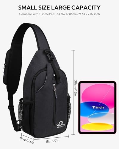 WATERFLY Crossbody Sling Backpack Sling Bag Travel Hiking Chest Bag Daypack (Black) - Image 2