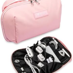 iMangoo Tech Organizer Travel Case 150° Open Large Storage Pouch Purse for Women Zipper Waterproof Bag Power Bank Portable Charger Cable Cord Electronics Accessories Trip Travel Essentials Bags Pink