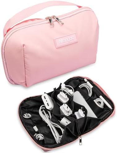 iMangoo Tech Organizer Travel Case 150° Open Large Storage Pouch Purse for Women Zipper Waterproof Bag Power Bank Portable Charger Cable Cord Electronics Accessories Trip Travel Essentials Bags Pink
