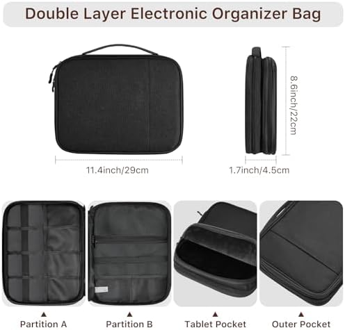Dadanism Electronics Travel Organizer Case, Double Layers Cord Organizer Travel All-in-One Storage Bag for Cable, Cord, iPad, Chargers, fits 9-11'' Tablets, Portable Tech Accessories Bag, Black - Image 2