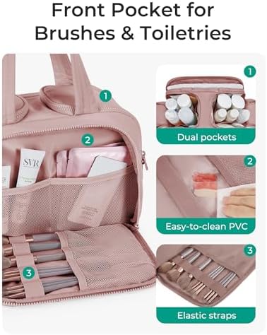 BAGSMART Travel Toiletry Bag, Lightweight Large Wide-open Travel Bag for Women, Puffy Cosmetic Makeup Bag Organizer with Handle for Accessories,Essentials, Toiletries, Dark Pink - Image 2