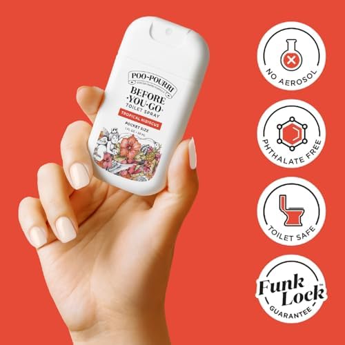 Poo-Pourri Before-You-Go Pocket Toilet Spray, Travel Essentials, Tropical Hibiscus, 1 Fl Oz, Up to 50 Uses, On-The-Go Bathroom Odor Deodorizer with Essential Oils, TSA Approved Size, Hibiscus, Apricot - Image 7