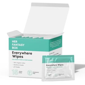 Her Fantasy Box | Everywhere Wipes – 100% Organic Cotton, Gentle & Refreshing, pH-Balanced, Fragrance-Free, Plant-Powered for Body, Face & Intimate Areas, Ideal for Sensitive Skin - 1 Pack, 15 Wipes