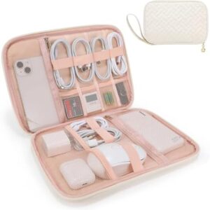 Electronics Organizer Travel Case, Charger Bag Cord Organizer Travel, Compact Tech Pouch Cable Organizer Bag for Charger, Cords, Phone, Headphones, Flash Drive, SD Card (Beige, Large-Single Layer)