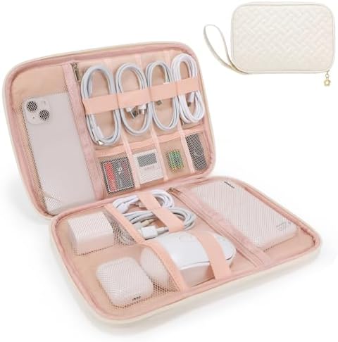 Electronics Organizer Travel Case, Charger Bag Cord Organizer Travel, Compact Tech Pouch Cable Organizer Bag for Charger, Cords, Phone, Headphones, Flash Drive, SD Card (Beige, Large-Single Layer)