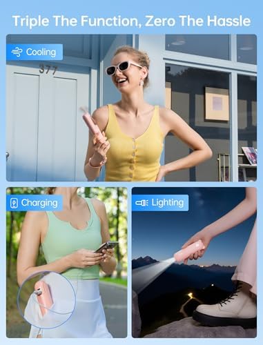 JISULIFE Handheld Mini Fan, 3 IN 1 USB Rechargeable Portable Fan [12-19 Working Hours] with Power Bank, Flashlight, Pocket Design for Travel/Summer/Concerts/Lash, Gifts for Women (Pink) - Image 2