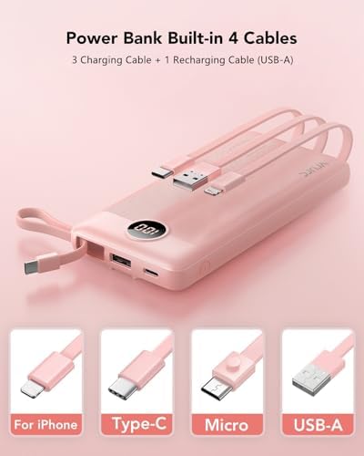 VRURC Portable Charger Power Bank, 10000mAh Travel Essentials Battery Pack, Compact Charging Bank Built-in Cables Cords Compatible with iPhone 17 Pro 17 16 15 14 13, Samsung Phones-Pink(1 Pack) - Image 2