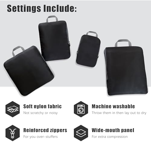 4 Set Compression Packing Cubes Travel - Travel Accessories Expandable Packing Organizers for Carry On - Essentials Luggage Bags - Black - Image 3