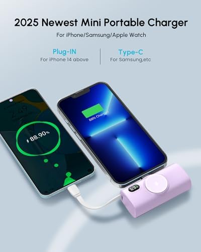 Mini Purple Power Bank with USB C Cable for Samsung,100g 5000mah Small Portable Charger for iPhone 14 Plus/14/14 Pro Max,Battery Pack with Digital Display Compatible With iPhone 13/12/14 series-Purple - Image 2