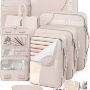 10 Set/8 Set Packing Cubes for Travel, Gifts for Women Mom,Anti-Tearing Suitcase Organizer for Luggage with Shoe & Hanging Toiletry Bag,OlarHike Vacation Essentials & Accessories for Cruise Ship,Cream