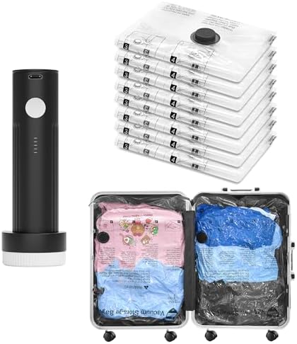 Vacuum Bags for Travel with Rechargeable Pump, 8 Small Compression Packing Seal Bags for Luggage Suitcase, Space Saver for Clothing and Clothes Storage Travel