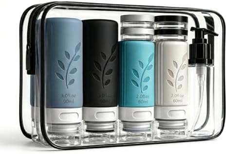 unigo 30 PACK Travel Bottles Set for Toiletries - Leakproof Refillable Travel Size Containers, TSA Approved Bottles with Labels, Brush & Covers for Carry-On Travel