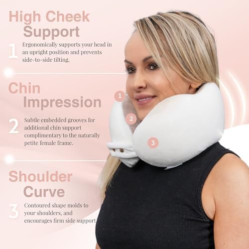Women's Small Fitted Neck Pillow for Traveling, Memory Foam Travel Pillow, Travel Neck Pillows for Airplanes, Travel Essentials for Flying, Plane Pillow in Taupe and White - Image 2