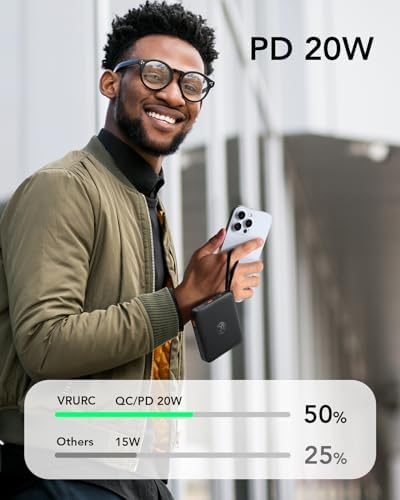 VRURC Portable Charger with Built-in Cable, 10000mAh 22.5W Fast Charging USB C Battery Pack, Cell Phone Power Bank for iPhone 17 16 15 Samsung Galaxy S25 S24 S23 Series Android Tablet, Black(1 Pack) - Image 3