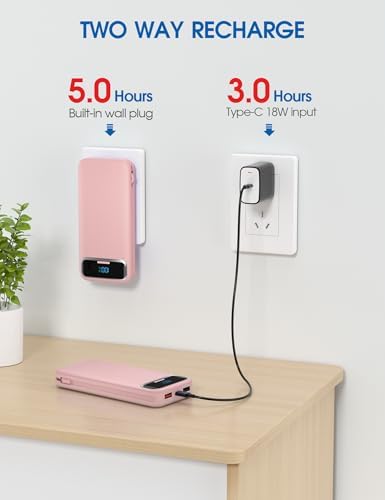 Portable Charger, 12000mAh 22.5W Fast Charging Power Bank with Built-in Cables & Wall Plug, USB C External Battery Pack with LED Display, Travel Essential Charging Bank for iPhone, iPad, Samsung Pink - Image 7