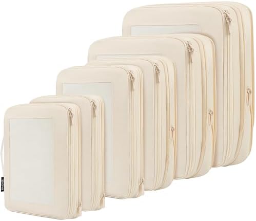 BAGAIL 4 Set/6 Set/8 Set Compression Packing Cubes Travel Accessories Expandable Packing Organizers (Square Mesh, 06-Beige)