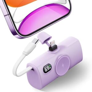 Mini Purple Power Bank with USB C Cable for Samsung,100g 5000mah Small Portable Charger for iPhone 14 Plus/14/14 Pro Max,Battery Pack with Digital Display Compatible With iPhone 13/12/14 series-Purple