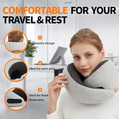 Travel Neck Pillow Airplane, Memory Foam Travel Pillows for Comfort on Sleeper Hold Compact and Ergonomic Design for Traveling Car Rides Home Road Trip Essentials for Adults and Kids (Grey) - Image 2
