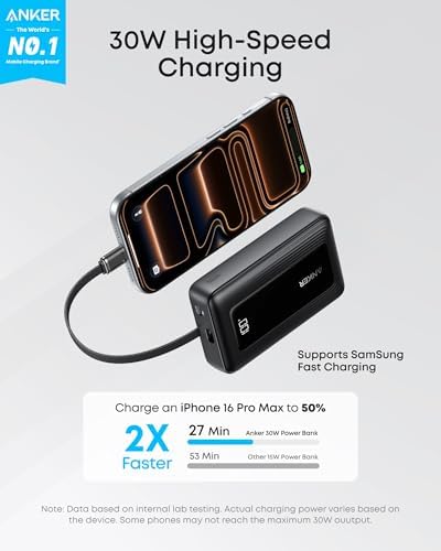 Anker Zolo Power Bank (2025 Upgraded Version), 20,000mAh 30W High-Speed Portable Charger with Built-in USB-C Cable, Battery Pack for iPhone 17/16 / 15 Series, Galaxy, and More - Image 2