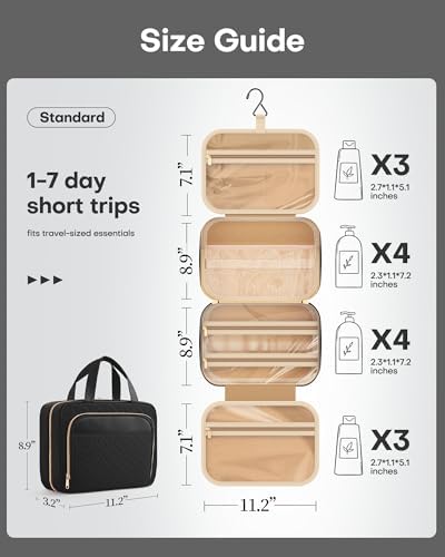 HOTOR Travel Toiletry Bag for Women & Men, Waterproof Makeup Bag with Hanging Hook and Multiple Pockets, Cosmetic Bags for Women, Travel Essentials, 11.2'' x 3.2'' x 8.9'', Black - Image 4