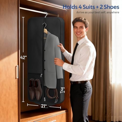 MISSLO Carry On Garment Bags for Travel with Shoe Compartment 42'' Suit Travel Bags for Men Heavy duty Fabric Luggage Hanging Bag for Clothes Suit Carrier with Shoulder Strap for Business Trips, Black - Image 3
