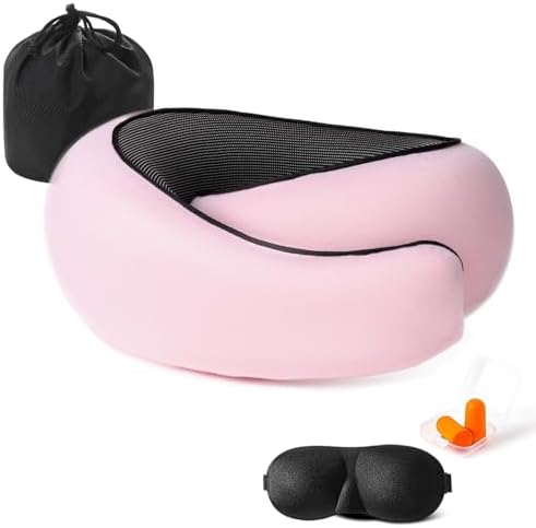 Travel Neck Pillows for Airplanes Or Trains, 360° Head Support Sleep for Long Flight, Skin-Friendly and Breathable, Kit with 3D Contoured Eye Mask, Earplugs and Storage Bag Gifts for Family