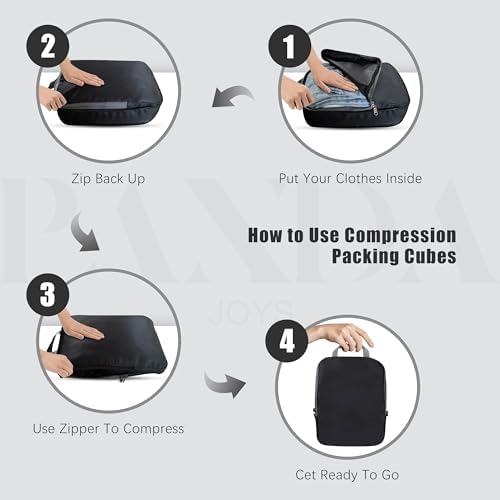 4 Set Compression Packing Cubes Travel - Travel Accessories Expandable Packing Organizers for Carry On - Essentials Luggage Bags - Black - Image 2