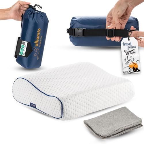 alkamto Travel & Camping Comfortable Memory Foam Pillow – Easy to Carry Portable Bag – Temperature Regulating Pillow Case (White Contour + Extra Cover)