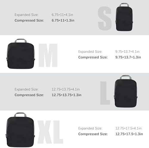 4 Set Compression Packing Cubes Travel - Travel Accessories Expandable Packing Organizers for Carry On - Essentials Luggage Bags - Black - Image 5