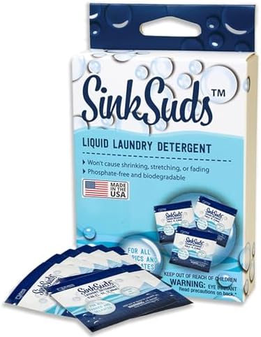 SinkSuds Laundry Detergent, Travel Size Liquid Soap, TSA Compliant, Safe For All Fabrics, 8 Packets (Packaging May Vary)