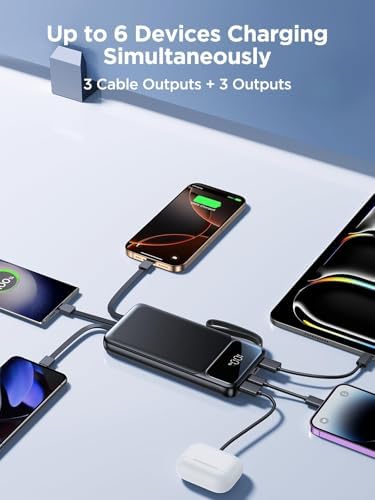 Power Bank, Portable Charger with Built in Cable 22.5W Fast Charging Battery Pack 10000mAh Slim 6 Outputs 3 Inputs LED Display Phone Charger for iPhone Samsung Pixel Moto iPad Travel Essential Gift - Image 4