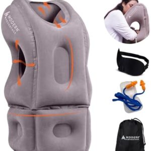 Modern Advantage Inflatable Travel Pillow with Adjustable Extra Bottom Support Neck Pillow for Chin & Head Stability Prevents Neck Pain Plane Pillow for Long Flight Travel - Eye Mask & Earplugs - Grey
