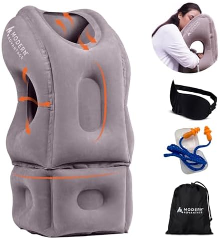 Modern Advantage Inflatable Travel Pillow with Adjustable Extra Bottom Support Neck Pillow for Chin & Head Stability Prevents Neck Pain Plane Pillow for Long Flight Travel - Eye Mask & Earplugs - Grey