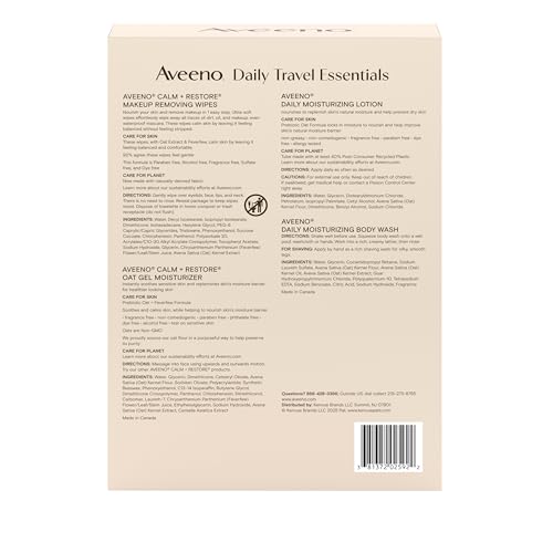 Aveeno Daily Travel Essentials Gift Set with Daily Moisturizing Lotion, Daily Moisturizing Body Wash, Calm + Restore Makeup Removing Wipes, & Calm + Restore Oat Gel Moisturizer, 4 items - Image 2