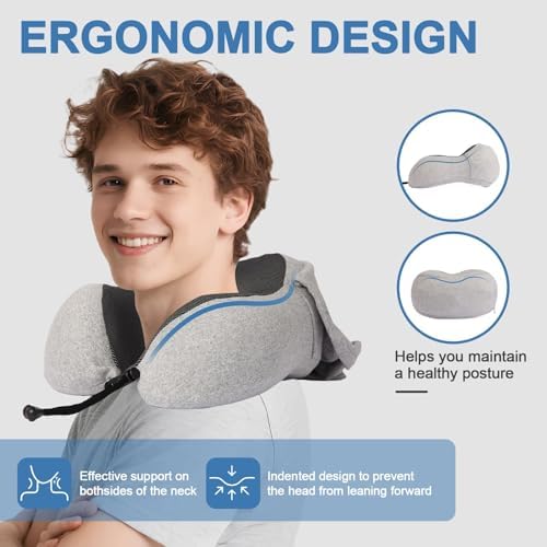 Travel Neck Pillow with 100% Light-Blocking Hood – Ergonomic Memory Foam Support Pillow for Airplane, Long Flights, Road Trips, Office and Car, Full Head and Neck Support with Skin-Friendly Cover - Image 3