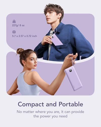 VRURC Portable Charger Power Bank, 10000mAh Travel Essentials Battery Pack, 5 Outputs 2 Inputs Slim Charging Bank Built-in Cables Cords for iPhone 17 16 15 14 13,Samsung,Android-Lavender(1 Pack) - Image 2