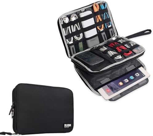 BUBM Double Layer Electronics Organizer/Travel Gadget Bag For Cables,Memory Cards,Flash Hard Drive and More,Fit For iPad Or Tablet(Up To 9.7")--Large, Black