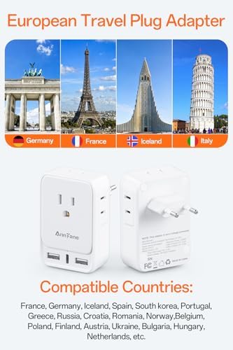 2 Pack European Travel Adapter, US to Europe Plug Adaptor with 4 Outlets 3 USB Charging Ports, Type C Power Adapter for USA to EU Euro Spain France Iceland Italy Germany Greece, White - Image 2