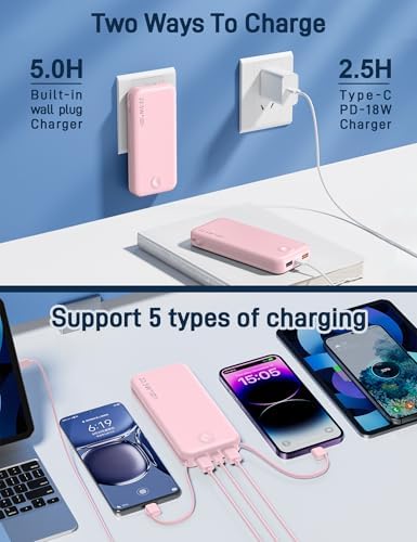 Portable Charger, 12000mAh 22.5W Fast Charging Power Bank with Built-in Cables & Wall Plug, Travel Essentials External Battery Pack, USB C Battery Phone Charger for iPhone, iPad, Samsung Pink - Image 6