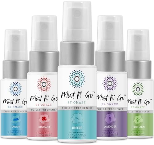 Mist N’ Go by Omaze Travel Bathroom Spray for Toilet Spray Odor Eliminator - Travel Toilet Spray for Bathroom Air Freshener Spray for Bathroom Deodorizer - Mix All, Travel Size (1oz x5)