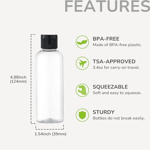 LISAPACK 3.4 oz Travel Bottles for Toiletries, Plastic Travel Size Containers for Shampoo Conditioner TSA Approved, Empty Small Squeeze for Lotion, Leak Proof Mini Liquid Tube for Refillable Clear - Image 2