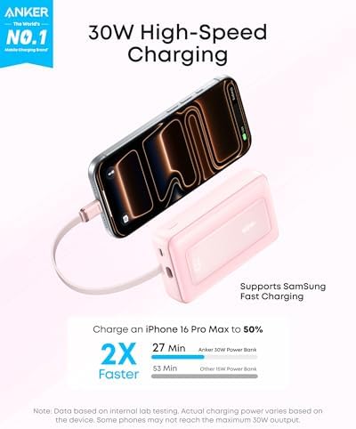 Anker Portable Charger, 10,000mAh 30W Power Bank, USB-C in and Out Fast Charging Battery Pack, Travel Essential Phone Power Bank, for iPhone 17/16, Galaxy and More (Pink, 10000, Milliamp Hours) - Image 2