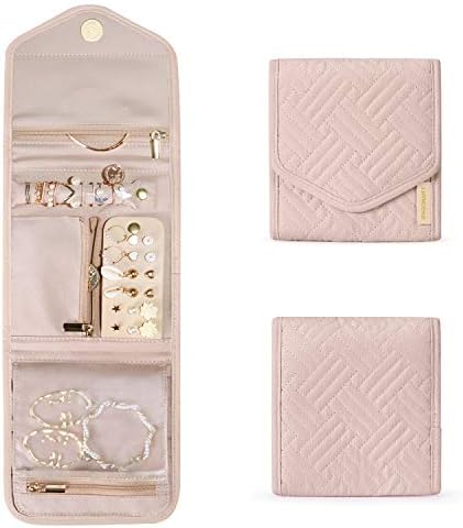 BAGSMART Travel Jewelry Organizer Case Foldable Small Jewelry Roll for Journey Rings, Necklaces, Earrings, Bracelets,Mini,Soft Pink